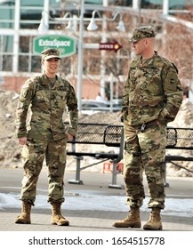 Denver, CO, USA. Feb 22, 2020. Unidentified Colorado National Guard Military Police Unit, U.S. Army Soldiers At A Going Away Ceremony Before They Deploy Overseas For 6 Months. 
