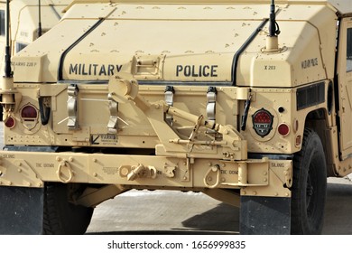 Denver, CO, USA. Feb 22, 2020. 
The High Mobility Multipurpose Wheeled Vehicle  Humvee) Are Four-wheel Drive, Military Trucks And Utility Vehicles. This One In In Desert Brown And Is Used By MP's. 