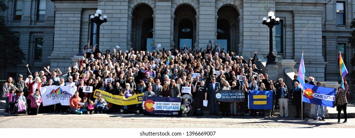 Denver, CO, USA. Feb 27, 2017. Members Of Various Nonprofit Organizations Including New Era Colorado Pose For A Large Group Photo In Front Of The Denver State Capitol Building After Having A Rally. 