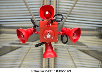 Denver, CO, USA. July 23, 2019. Serious Fire alarm on the ceiling of an old world war 2 airport hanger in Denver. 