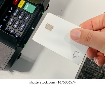 Denver, CO / USA - March 17th, 2020: Apple Card Being Used To Pay For Electronics Merchandise At A Major Electronics Store. Apple Is An Avant-garde International Corporation.