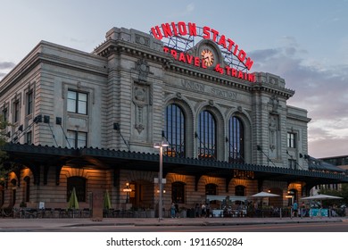 Denver, Colorado 2020 - The Front Facade Of Union Station With Restaurants At Sunset During The Summer