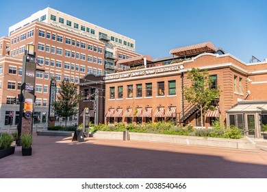Denver, Colorado - August 28, 2021: Architecture in the Lower Downtown (LoDo) neighborhood, downtown: The Chop House restaurant in McGregor Square.