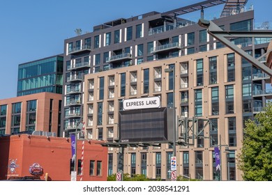 Denver, Colorado - August 28, 2021: View Of The I-25 Express Lane Sign Leading Onto The Highway, Downtown, In The LoDo (Lower Downtown) Neighborhood.