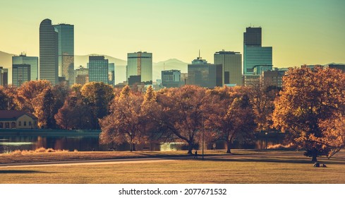 Denver Colorado Fall Time Skyline. United States Of America. Downtown And The Rocky Mountains Front Range.