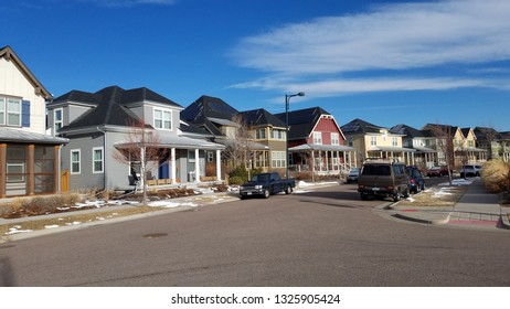 Denver, Colorado - February 28, 2019: Residential Area In Stapleton Neighborhood