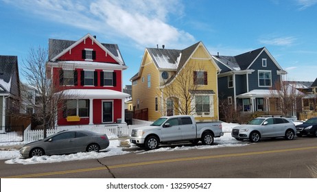 Denver, Colorado - February 28, 2019: Residential Area In Stapleton Neighborhood