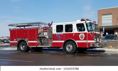 Denver, Colorado - Ferbruary 18, 2019: Fire Truck Of Aurora Fire Department (stopped By A Grocery Store For Lunch)