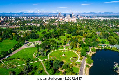 Denver Colorado Green Space City Park Aerial Drone View High Above The Mile High City Along The Rocky Mountain Front Range