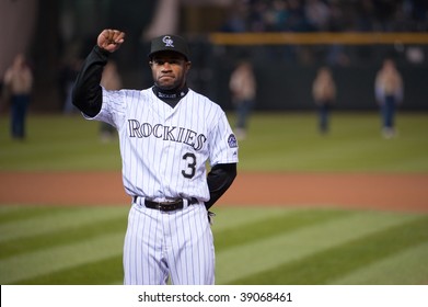 DENVER, COLORADO - OCTOBER 11:  Eric Young Of The Colorado Rockies Gestures For Game 3 Of The Rockies, Phillies National League Division Series On October 11, 2009 In Denver Colorado.