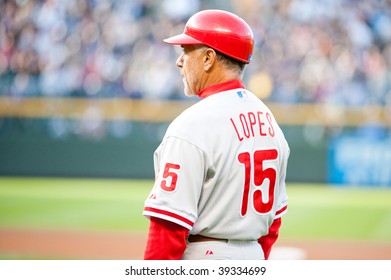 DENVER, COLORADO - OCTOBER 12: First Base Coach Davey Lopes Of The Philadelphia Phillies In Game 4 Of The Rockies, Phillies, National League Division Series On October 12, 2009 In Denver Colorado.