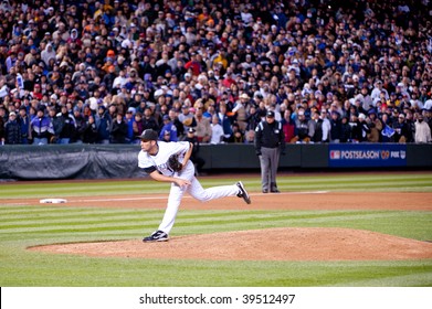 DENVER, COLORADO - OCTOBER 12: Huston Street Pitching In Game 4 Of The Colorado Rockies, Philadelphia Phillies National League Division Series On October 12, 2009 In Denver Colorado.