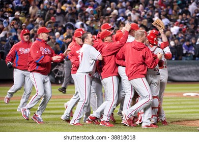 DENVER, COLORADO - OCTOBER  12:  The Philadelphia Phillies Celebrate After Winning Game 4 Of The  National League Division Series On October 12, 2009 In Denver Colorado.