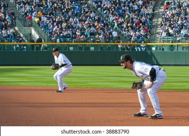 DENVER, COLORADO - OCTOBER 12:  Todd Helton And Clint Barnes Ready For Action In Game 4 Of The National League Division Series On October 12, 2009 In Denver Colorado.