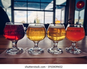 Denver, Colorado - September 27, 2020: Fresh Flavored Blue Moon Beer Samples At Blue Moon Brewing Company