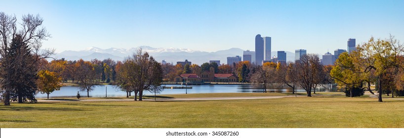 Denver, Colorado Skyline And Front Range Mountains Panoramic Landscape Seen From City Park