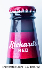 Denver, Colorado, United States Jan 3, 2020. Top View Of A Red Rickard's Bottle Beer. Labatt Breweries Replaces Molson Coors As NHL Beer Sponsor. Illustrative