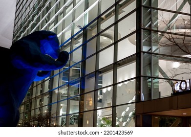 Denver, Colorado, USA - 4.2022 - Large Blue Bear Artwork Statue Outside The Colorado Convention Center.