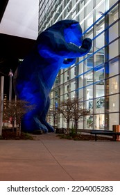 Denver, Colorado, USA - 4.2022 - Large Blue Bear Artwork Statue Outside The Colorado Convention Center.