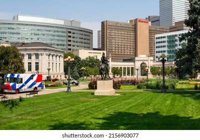 Denver, Colorado, USA - August 26th, 2020: Downtown Colorado City Park, Government And Commercial Buildings