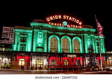 DENVER COLORADO / U.S.A. - December 7, 2014: Holiday light display at Denver's historic Union Station Train Depot on December 7, 2014 in Denver, Colorado