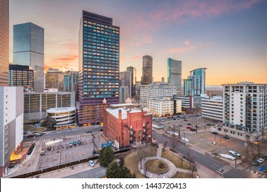Denver, Colorado, USA downtown cityscape rooftop view at dusk.