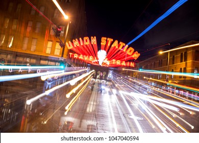 Denver, Colorado / USA - January 26, 2017: Hustle And Bustle In Denver, Colorado During Evening Rush Hour Outside Mile High City Icon Union Station.