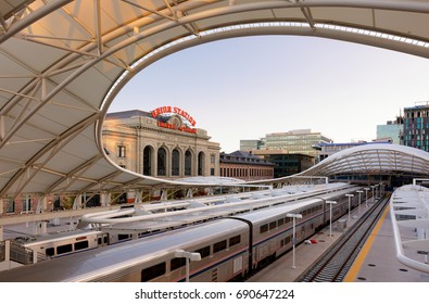 Denver, Colorado, USA - July 17, 2017: Denver Union Station at Sunset. Denver Union Station is the main railway station and central transportation hub in Denver, Colorado