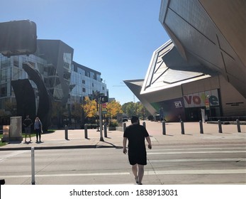 Denver, Colorado, USA, October 10, 2020: People Walking Near The Denver Art Museum In Colorado