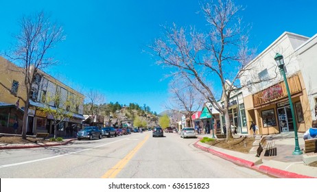 Denver, Colorado, USA-April 30, 2017.  POV Point Of View -Driving Through Downtown Of Estes Park In The Spring.