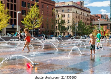 Denver, Colorado, USA-August 31, 2014. Urban plaza at front of redeveloped historical Union Station in Denver, Colorado.