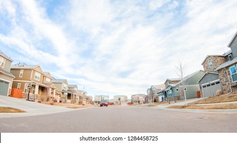 Denver, Colorado, USA-December 26, 2018 - Driving Through New Residential Neighborhood In Suburbia.