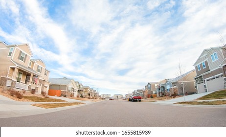 Denver, Colorado, USA-December 26, 2018 - Driving Through New Residential Neighborhood In Suburbia.