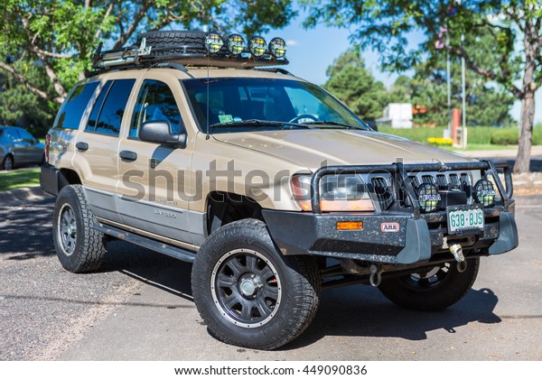 Denver, Colorado, USA-July 7,\
2016. Custom built off road truck with steel roof rack and\
bumpers.