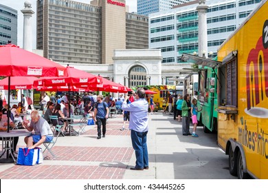 Denver, Colorado, USA-June 11, 2015.  Gathering Of Gourmet Food Trucks And Carts In Downtown Denver Civic Center Park.