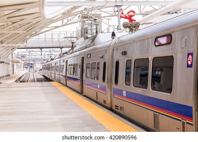 Denver, Colorado, USA-May 15, 2016. Light rail train to Denver International Airport at the Union Staion.