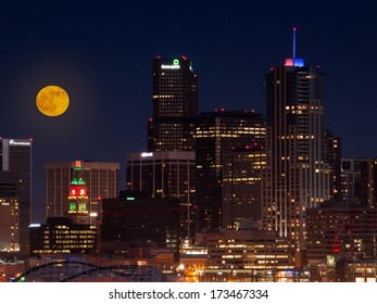 Denver, Colorado-December 10, 2011: A view of Denver, Colorado downtown with full moon.