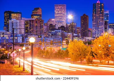 Denver Evening Traffic - Denver Commute After Dark. City In Motion. Denver Mile-High City. United States.