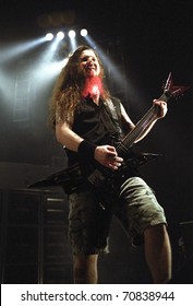 DENVER - FEBRUARY 13: Darrell Dimebag Abbott Guitarist For The Heavy Metal Band Pantera Performs Live In Concert February 13, 2001 At The Coliseum In Denver, CO.