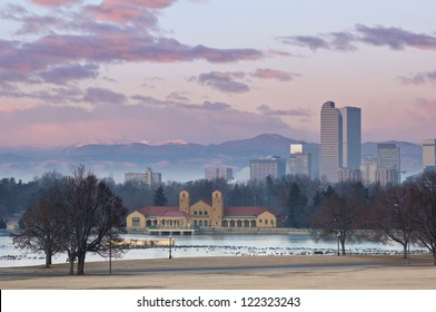 Denver. Image of Denver at sunrise with Rocky Mountains in the background.