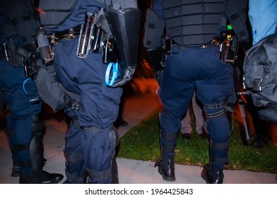 Denver - October 14th, 2011 - Police utility belts held blue flex cuffs during an eviction of the OccupyDenver encampment.