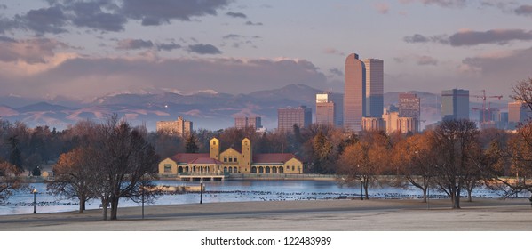 Denver. Panoramic image of Denver at sunrise with Rocky Mountains in the background.