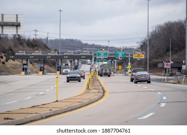 Denver,  Pennsylvania, USA- January, 4, 2021: Cars And Trucks Pass Through Pennsylvania Toll Plaza Which Will Now Use A Cashless System To Collect Tolls