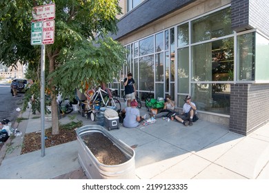 Denver, September 2022: Homeless Of Denver City On The Street Lie In Hot Day.