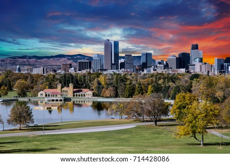 Denver skyline across city park in autumn