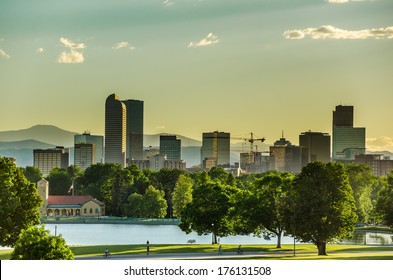 Denver Skyline with City Park in Foreground at Sunset