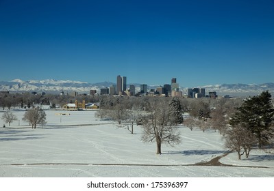 Denver Skyline With Snow Covered City Park From Denver Museum Of Nature And Science