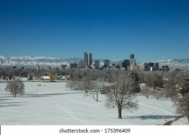 Denver Skyline With Snow Covered City Park From Denver Museum Of Nature And Science