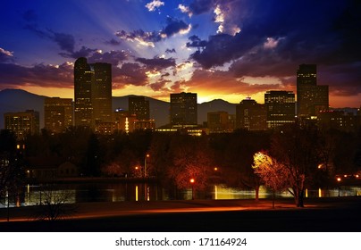 Denver Skyline at Sunset. Colorful Beautiful Sunset in Denver Colorado, United States. Downtown Denver. Colorado Photo Collection.