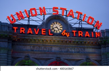 Denver Union Station "Travel by Train" Sign Illuminated 